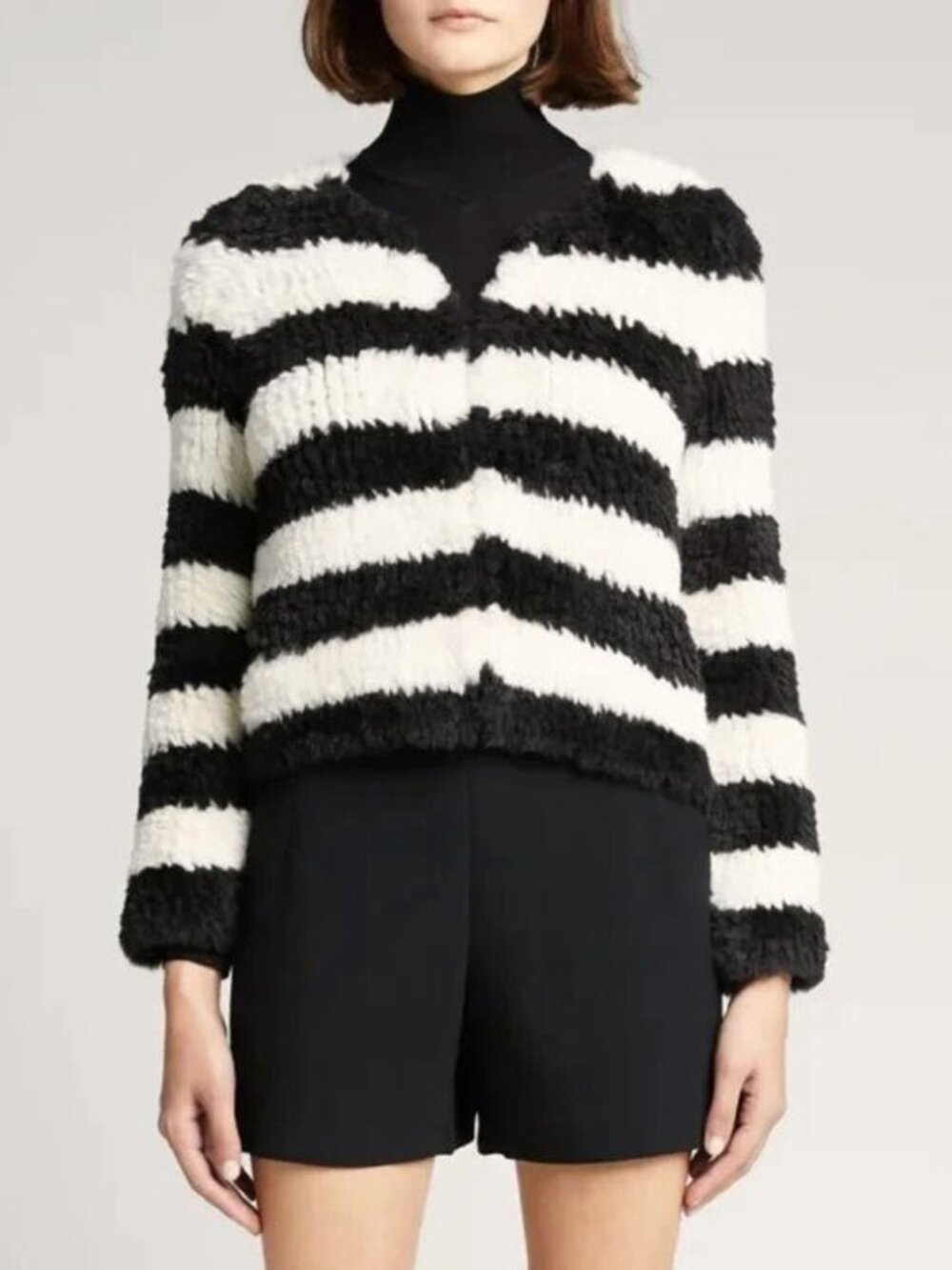 New Alice + Olivia Fawn Striped Faux Fur Jacket Black White M $395